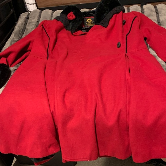 Hell Bunny Jackets & Blazers - #306 Hell Bunny Red Pea Coat with Black Fur Trim goth/punk perfect for Holidays